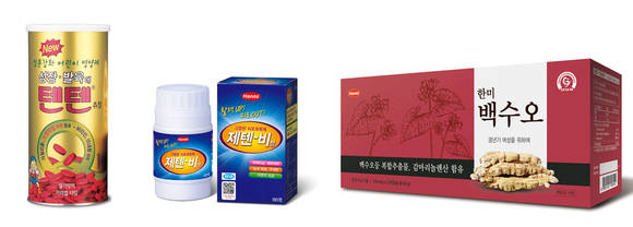 한미약품 추천하는 추석 건강 선물인 어린이 영양제 ‘텐텐’, 성인영양제 ‘제텐비’, 갱년기여성을 위한 ‘한미백수오’(왼쪽부터)