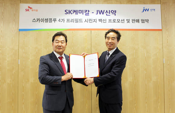 JW신약 백승호 부사장(우)과 SK케미칼 전광현 LS Biz. 마케팅부문장(좌)