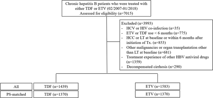 Figure 1 Flow diagram for the patient selection process. ETV, entecavir; HCC, hepatocellular carcinoma; LT, liver transplantation; PS, propensity score; TDF, tenofovir.
