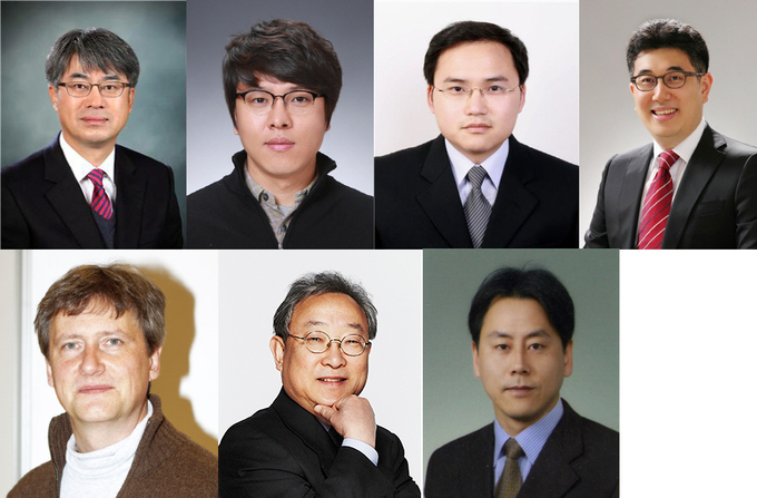 윗줄 왼쪽부터 김종승(화학과), 노준홍(건축사회환경공학부), 안춘기(전기전자공학부), 옥용식(환경생태공학부) 교수/ 아랫줄 왼쪽부터 Klaus R Muller(뇌공학과), 권익찬(KU-KIST융합대학원), 김광명(KU-KIST융합대학원) 교수