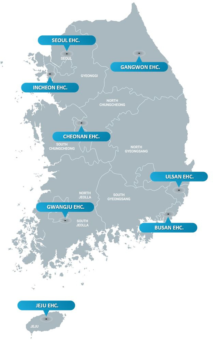 Fig. 1. The sampling site of airborne fungus for 2018- 2019. Air samples were collected from eight Environmental Health Centers (EHC) in Korea