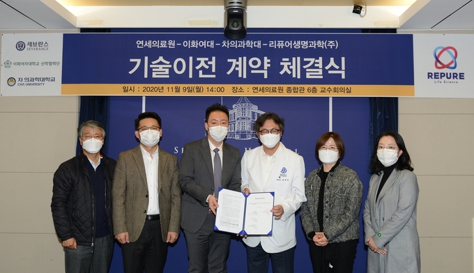 왼쪽부터 나영화 교수, 윤호근 교수, 김용상 대표, 최재영 처장, 권영주 교수, 배현아 부단장