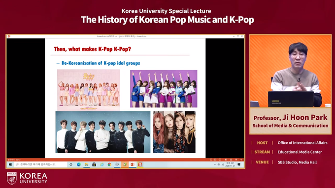 K-Pop 특강을 진행한 고려대 미디어학부 박지훈 교수 수업 캡쳐