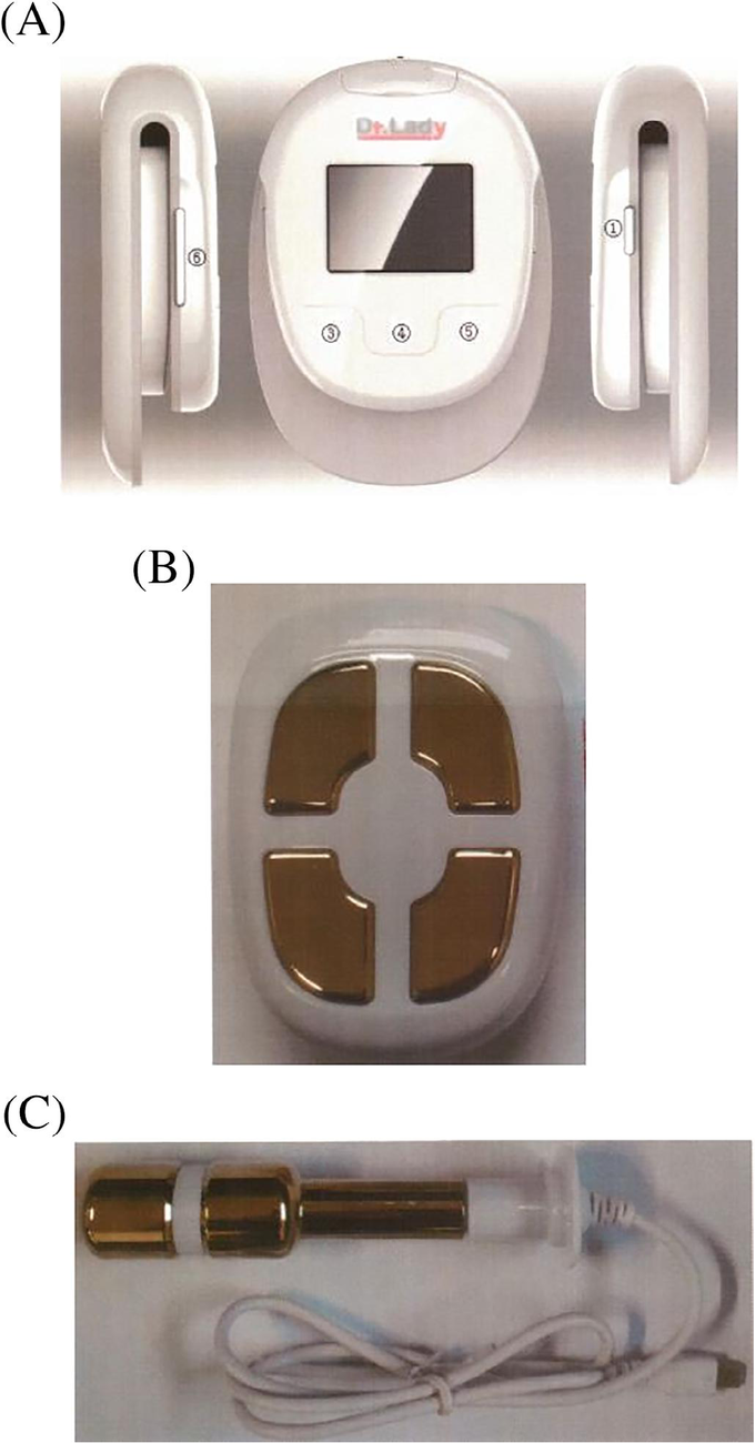 FIGURE 1 The intravaginal-type urinary incontinence therapy used at home used in this study. A, Body of the low-frequency electrical stimulation device; B, Posterior surface of the device; C, Intravaginal probe 